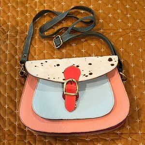 Colorblock Leather Crossbody Bag with Haircalf Flap